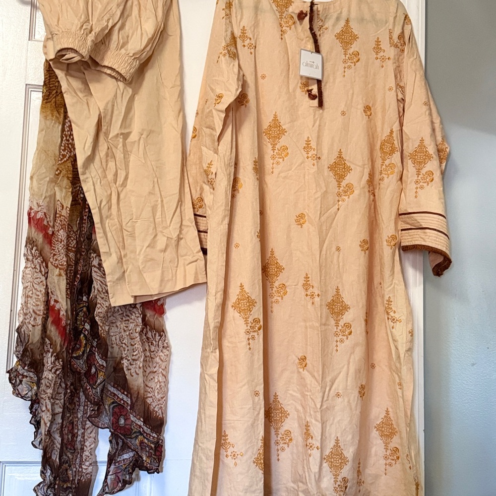 Elegant Cream and Gold Embroidered Dress with Scarf with shalwar